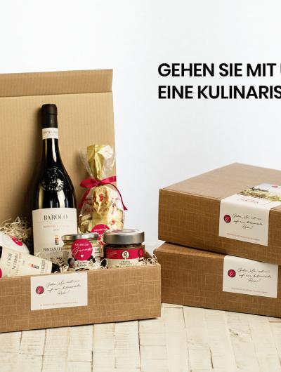 Geschenkbox mit Barolo und Trüffelcreme Geschenkbox mit Barolo und Trüffelcreme